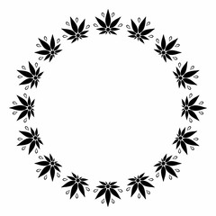 A round black and white frame depicting a stylized silhouette of cannabis leaves.