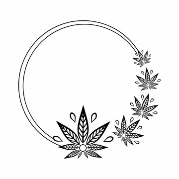 Round black and white frame of stylized cannabis leaf.