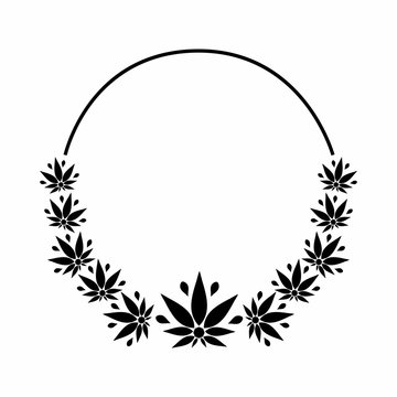 A round black and white frame depicting a stylized silhouette of cannabis leaves.