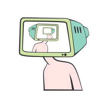 A Cartoon man with a TV instead of a head. Brainwashing. Vector illustration.