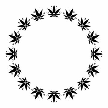 A round black and white frame depicting a stylized silhouette of cannabis leaves.