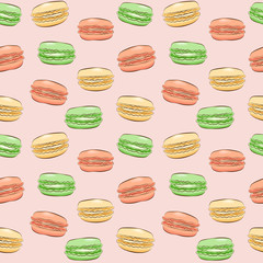 Seamless pattern with french cookies macarons on pink background