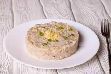 Pearl barley risotto with cheese and green onion