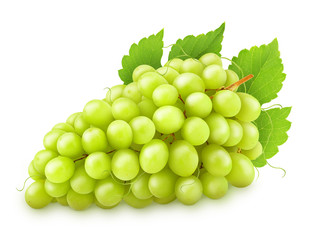 Green grape with leaves isolated on a white