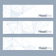 Scientific set of modern vector banners. DNA molecule structure with connected lines and dots. Science vector background. Medical, tecnology, chemistry design.