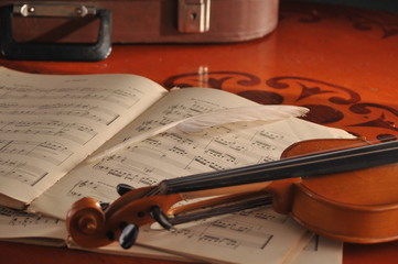 Fototapeta na wymiar Violin and notes on the table