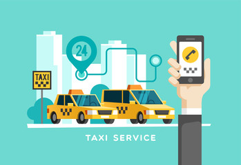 Taxi service concept. Hand with smartphone - app on the screen of the mobile phone. Vector illustration.