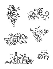 Simple Set of Wine Icons. Line art. Includes such Icons as grapes, bottle of wine with label, vineyard.