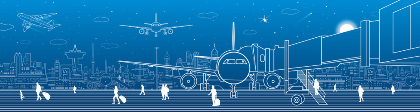 Airport panorama. The plane is on the runway. Aviation transportation infrastructure. Airplane fly, people get on the plane. Night city on background, vector design art