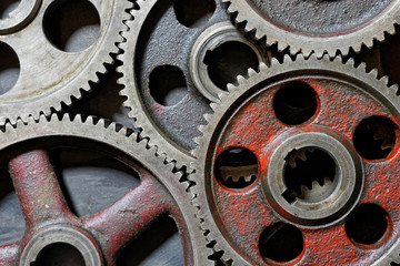 Group of old steel cogwheels