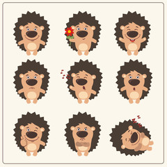 Funny hedgehog set in different poses. Collection isolated hedgehog in cartoon style. © coolpay