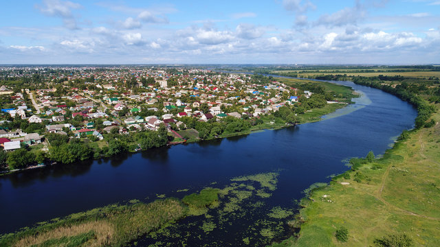 Top view of river Matyra and Gruazy town in Russia
