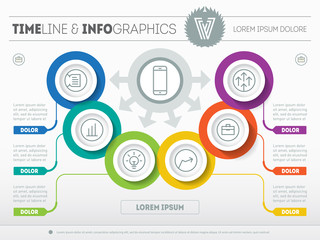 Vector Template of a info chart, diagram or presentation. Part of the report with icons set. Web infographic of technology or education process. Business concept with 6 options.