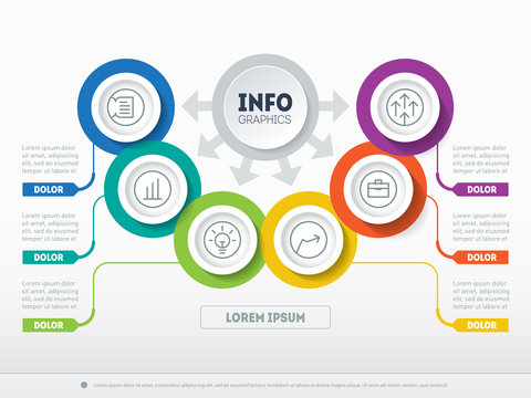 Vector Template of a info chart or diagram. Part of the report with icons set. Web infographic of technology or education process. Business presentationconcept with 6 options.