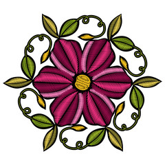 Traditional Embroidery. Folk fashion ornament with flowers on white background and black substrate. Vector colorful floral pattern.