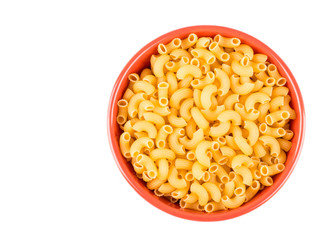 bowl of dried pasta or elbow pasta over white background