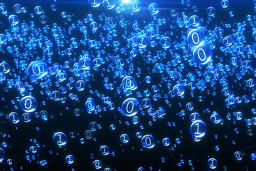 The binary code inside the bubbles rises. Blue interface, 3d illustration