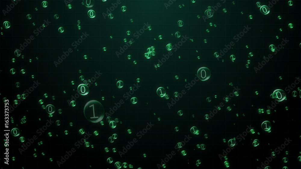 Poster the binary code inside the bubbles rises. green interface. 3d illustration