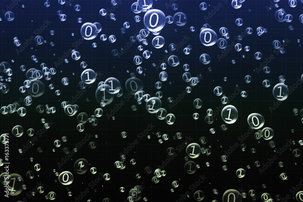 Poster the binary code inside the bubbles rises. 3d illustration