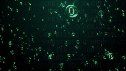 The binary code inside the bubbles rises. Green interface. 3d illustration