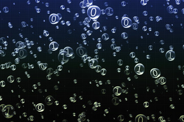 The binary code inside the bubbles rises. 3d illustration