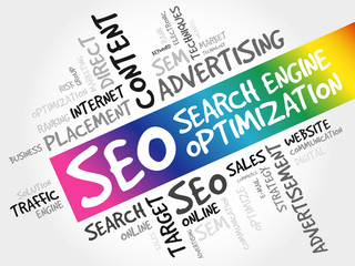 SEO (search engine optimization) word cloud collage, technology business concept background