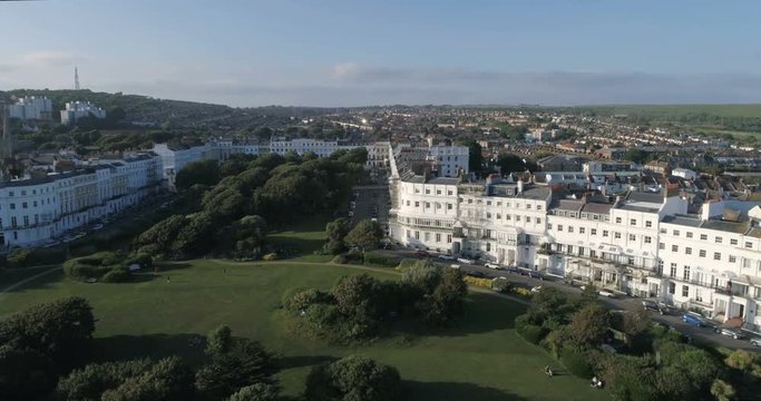 Aerial panning view of a grand regency square in Brighton (England)