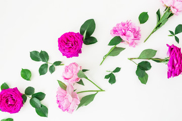 Fototapeta premium Floral composition of pink roses, peonies and leaves isolated on white background. Flat lay, top view.