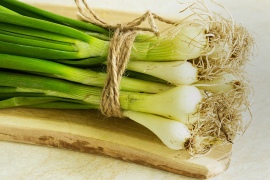 Spring green onion on a wooden board. Light background. Country style. Selective focus. Close-up.