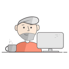 Vector flat illustration of happy man working on computer. Business process icon. Illustration for blog, social networks and web site.
