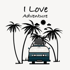 I Love Adventure typography with van and coconut palm tree.