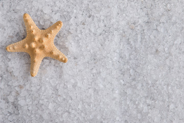 Fototapeta na wymiar Starfish on sea salt. Crystals of sea salt.