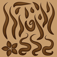 Set of chocolate drops, streaks, chocolate decoration, melted chocolate