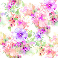 Watercolor painting of leaf and flowers, seamless pattern on white background