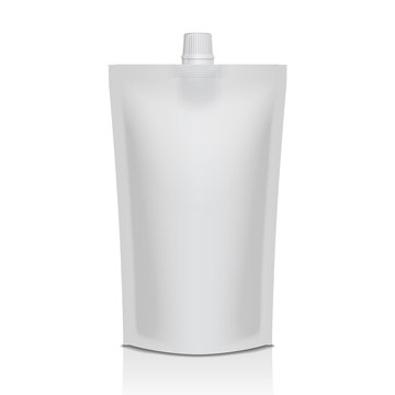 White plastic doypack stand up pouch with spout. Flexible packaging mock up for food or drink