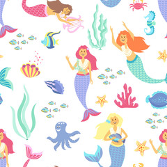 Fototapeta na wymiar Cartoon mermaid seamless pattern on transparent background. Vector illustration