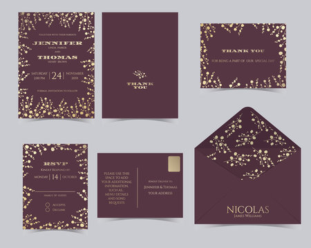 Set of Wedding invitation Card Template.Baby's Breath Collection.RSVP Card.Red and Golden Tone.Vector/Illustration
