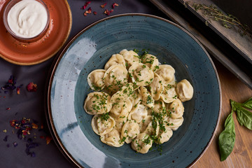 Boiled Homemade Dumplings with minced lamb and beef Served in Plate with sour cream sauce