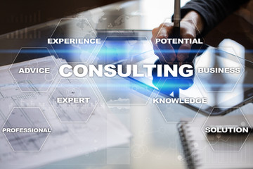 Fototapeta na wymiar Consulting business concept. Text and icons on virtual screen.