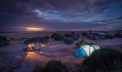 Balgowan, Australia - December 19, 2016: Night Thunder Storm with Lightning Strikes at The Gap Camping Ground in Yorke Peninsula, South Australia