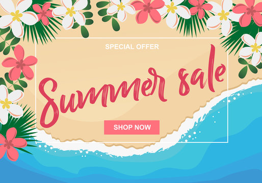 Summer sale vector illustration with tropical flowers and palm leaves on sea shore beach background, design template
