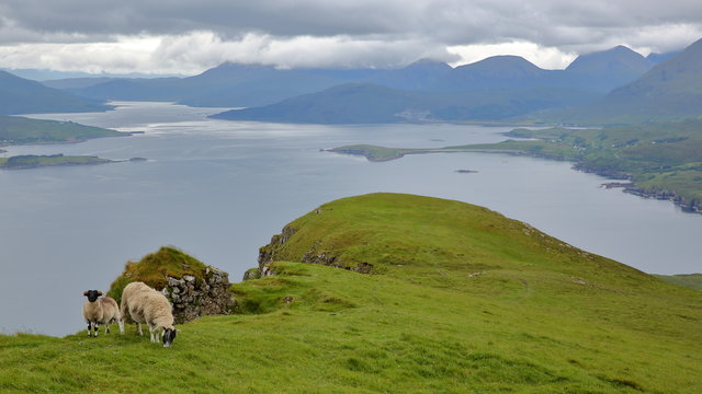 View from the mountain Ben Tianavaig towards the An Aird peninsula and the South, Isle of Skye, Highlands, Scotland, UK