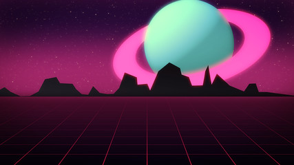 Retro futuristic background with planet Jupiter style of 1980s 3d illustration.