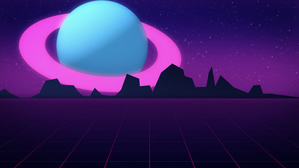 Retro futuristic background with planet Jupiter style of 1980s 3d illustration.