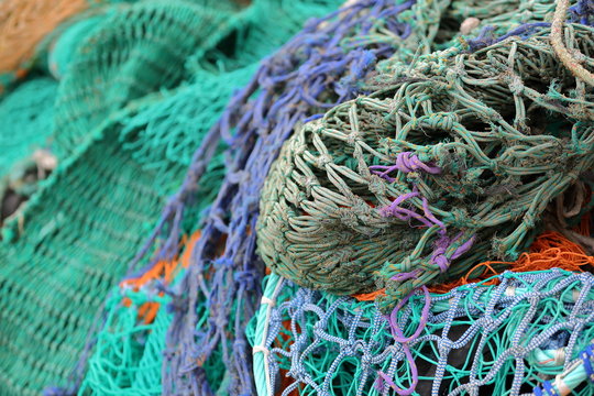 Close-up On Colorful Fishing Nets In The Portree Fishing Harbor, Isle Of Skye, Highlands, Scotland, UK