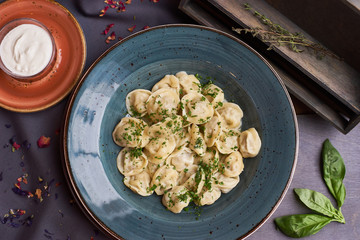 Close up view of boiled homemade meat dumpling served in clay blue plate with creamy sauce. Composition in rustic style on wooden background