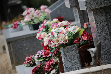 cimetière tombe fleurie RIP repose en paix - obrazy, fototapety, plakaty
