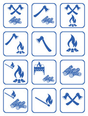 Firewood, ax and matches icons