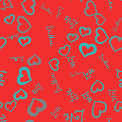Pattern On red Background Cute tile with small hearts in bright shades of azure blue color seamless vector background.