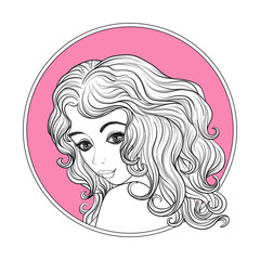 A young beautiful girl.  Monochrome portrait in circle on a pink background. Stock line vector illustration.